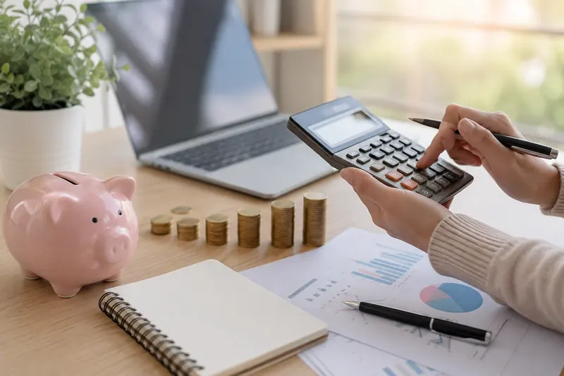 A person at a desk working out payments on a calculator beside a piggy bank, four rising stacks of coins, a laptop and a printed chart