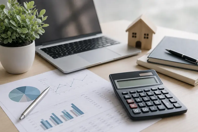 Desk with an open laptop, a black desktop calculator, a small wooden house model, stacked notebooks and a printed bar and pie chart report