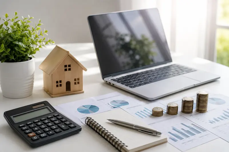 Home office desk with a wooden house model, a laptop, a calculator, four rising stacks of coins and financial charts spread on paper