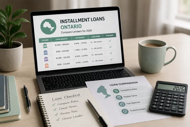 Laptop on a wooden desk showing a lender comparison table for Ontario installment loans, beside a coffee mug, a handwritten checklist and a calculator