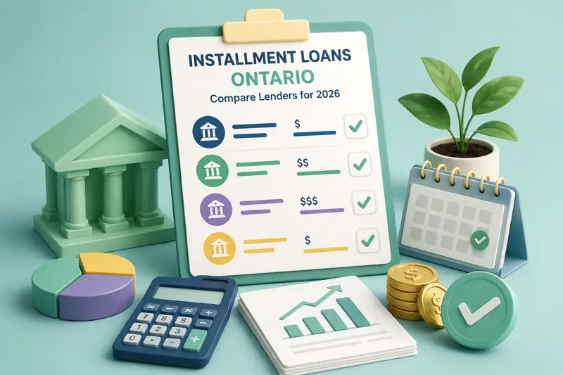 3D illustration of a clipboard listing four lenders with amount, rate and term columns, beside a bank building, a calculator, a pie chart and a calendar