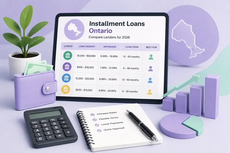 Tablet showing an Ontario lender comparison table next to an outline of the province, with a wallet, a calculator, a notepad checklist and bar charts