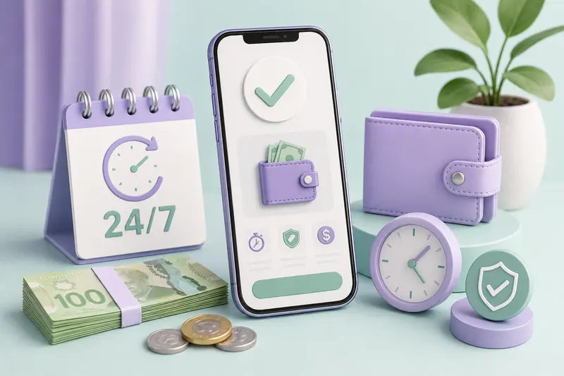 3D scene with a 24/7 flip calendar, a smartphone displaying a wallet icon, a leather wallet, a clock, a shield and a stack of Canadian $100 notes