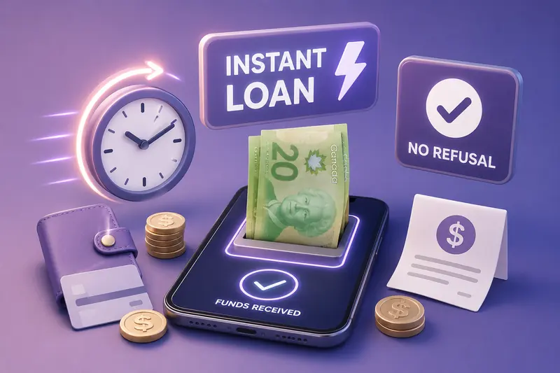 3D scene on purple where a phone dispenses a Canadian $20 note under a funds received label, beside an instant loan sign, a no refusal badge and coins