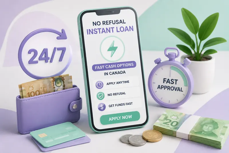 3D scene with a smartphone showing an application screen, a 24/7 icon, a stopwatch labelled fast approval, a wallet holding Canadian notes and a plant
