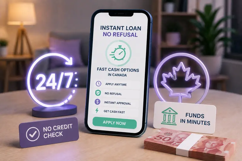Evening room where a phone sits between a glowing 24/7 ring and a maple leaf outline, with a no credit check tag, a funds in minutes sign and $50 notes