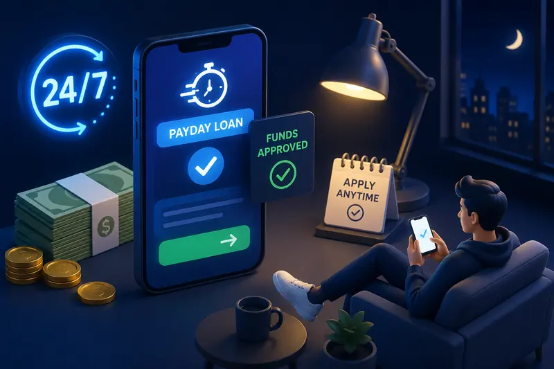 Night-time room where a man sits on a sofa with a phone, beside a large smartphone showing an approved payday loan, a glowing 24/7 sign and cash