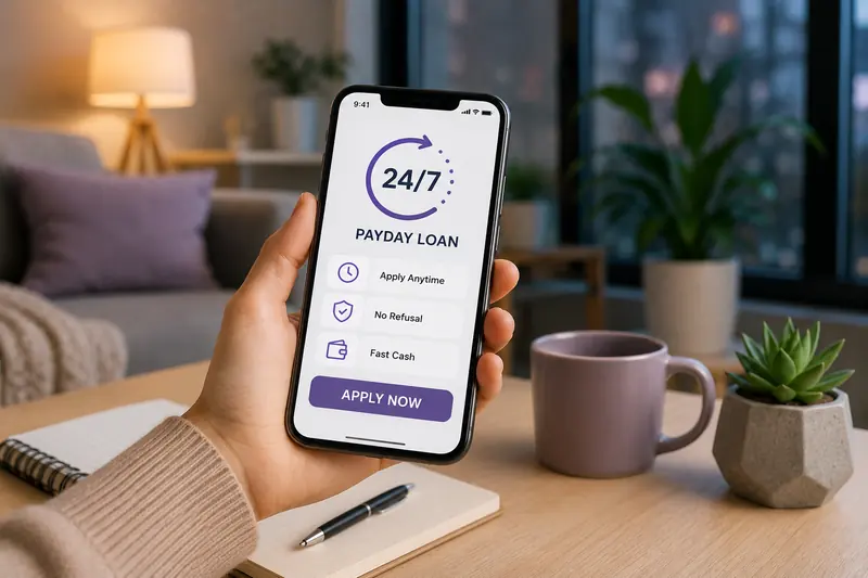 Hand holding a smartphone with a 24/7 payday loan screen listing apply anytime, no refusal and fast cash, on a desk with mugs, plants and a notebook