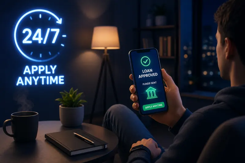 Over-the-shoulder view of a man holding a phone that reads loan approved and funds sent, with a glowing 24/7 apply anytime sign in a dark room